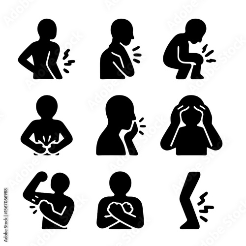 Body Pain Icons Grid. Solid, filled icon set of body pain types: back pain, neck pain, knee pain, stomach ache, toothache,