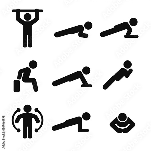 Bodyweight Exercise Icons. Solid, filled icon set of upper body bodyweight training: pull-up, chin-up, push-up, triceps dip,