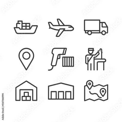 Logistics Icon Set. Outline icon set of global shipping logistics and tracking: cargo ship container, air freight airplane,