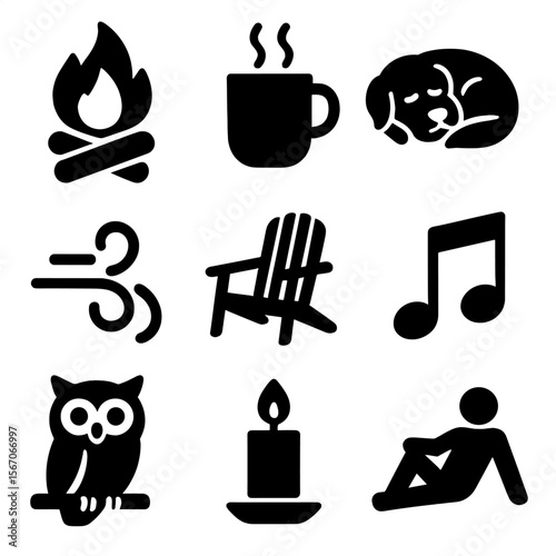 Backyard Night Icons. Solid, filled icons set of relaxing backyard nights: fire glow, warm drink, sleepy dog,