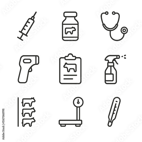 Livestock Healthcare Icons. Outline icon set of preventive livestock healthcare: syringe, vaccine vial, stethoscope, thermometer,
