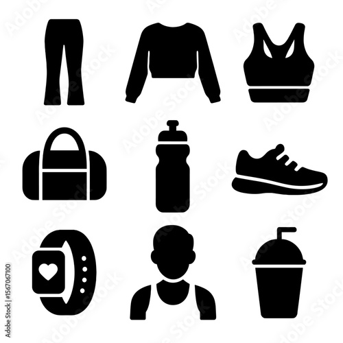 Celebrity Athleisure Icons. Solid, filled icons set of celebrity athleisure trends: yoga pants, cropped