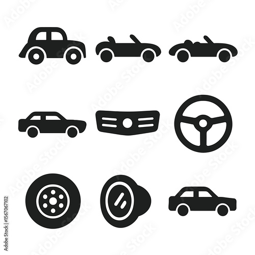 Classic Car Icons. Solid, filled icon set of classic car photo: vintage car, convertible, roadster, muscle car, sedan, car grill,
