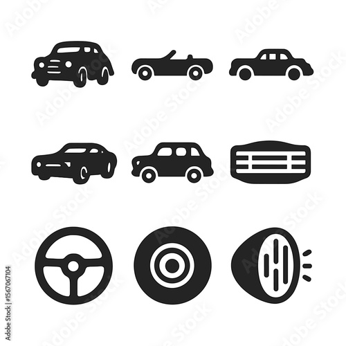 Classic Car Icons. Solid, filled icon set of classic car photo: vintage car, convertible, roadster, muscle car, sedan, car grill,