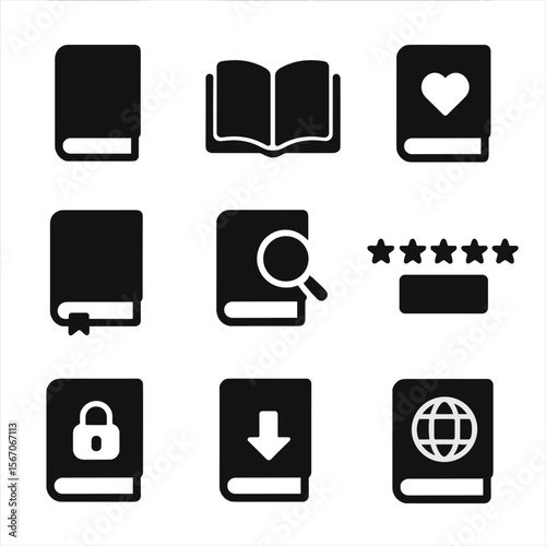 Book Icon Collection. Solid, filled icon set of book-related symbols: closed book, open book, book with heart, bookmarked page,