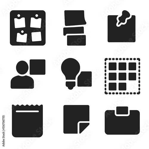 Classroom Icon Set. Solid, filled icons set of classroom wall note displays: bulletin board, sticky rows,