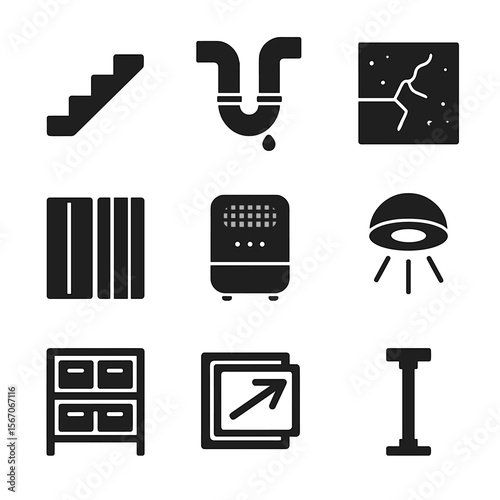 Basement Project Icons. Solid, filled icons set of basement finishing projects: basement stairs, utility pipe,