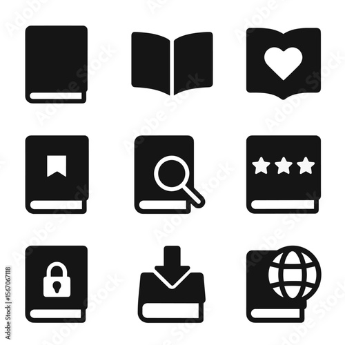 Book Icon Collection. Solid, filled icon set of book-related symbols: closed book, open book, book with heart, bookmarked page,