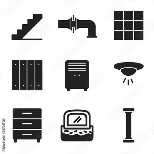 Basement Project Icons. Solid, filled icons set of basement finishing projects: basement stairs, utility pipe,