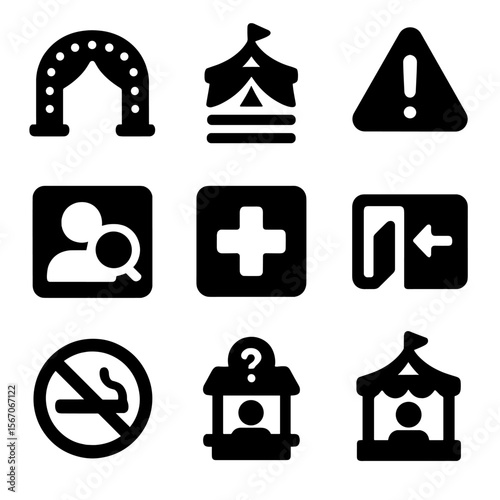 Circus Event Icon Set. Solid, filled icon set of circus event signs: entrance sign, show schedule, safety notice, lost and found,