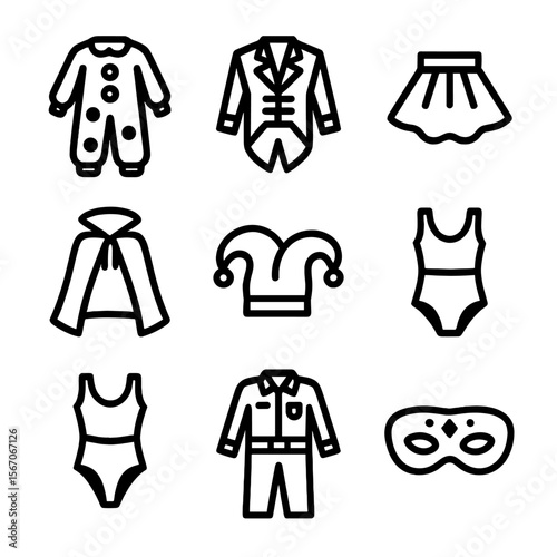 Circus Costume Icons. Solid, filled icon set of circus costumes: clown suit, ringmaster jacket, tutu skirt, magician cape, jester