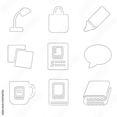 Book Lovers' Essentials. Solid, filled icon set of book lovers' essentials: reading light, tote bag, annotation pen, sticky notes,