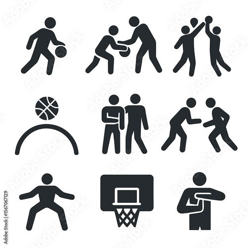 Basketball Icon Grid. Solid, filled icons set of offense vs defense in basketball: dribble icon, steal motion,