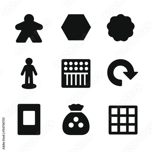 Board Game Components. Solid, filled icon set of board game components: meeple, hex tile, resource token, mini figure, score track