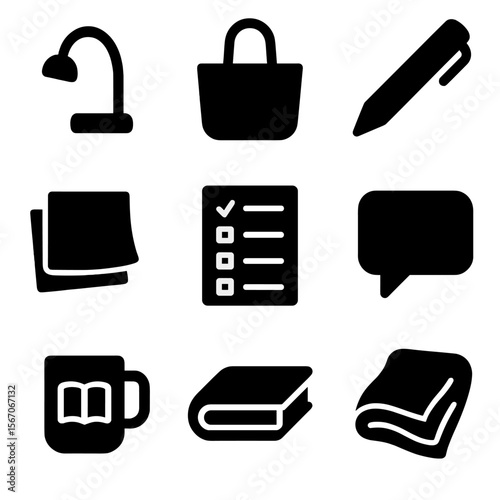 Book Lovers' Essentials. Solid, filled icon set of book lovers' essentials: reading light, tote bag, annotation pen, sticky notes,