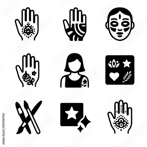 Body Art Icons. Solid, filled icon set of body art and painted hands: henna designs, tribal hand paint, face paint, hand tattoos,