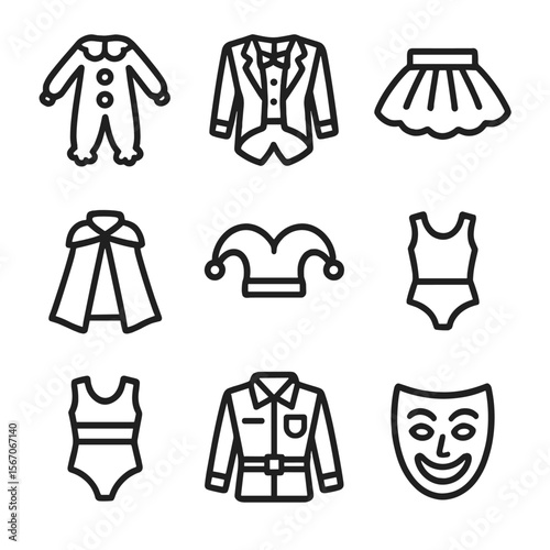 Circus Costume Icons. Solid, filled icon set of circus costumes: clown suit, ringmaster jacket, tutu skirt, magician cape, jester