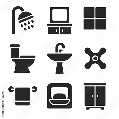 Bathroom Icon Set. Solid, filled icons set of bathroom remodeling: showerhead, vanity mirror, tile pattern,