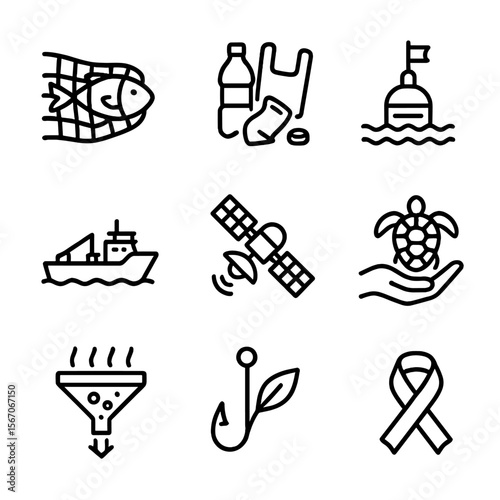 Marine Conservation Icons. Outline icon set of marine conservation and human impact: fishing net entanglement, plastic debris,