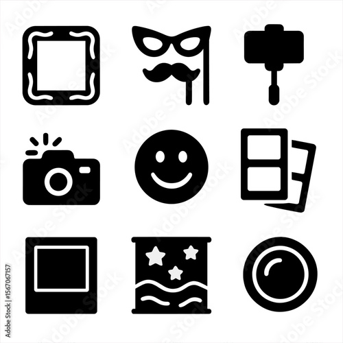 Photo Booth Icons. Solid, filled icon set of photo booth fun: neon frame, glowing props, selfie stick, flash camera, smile emoji,