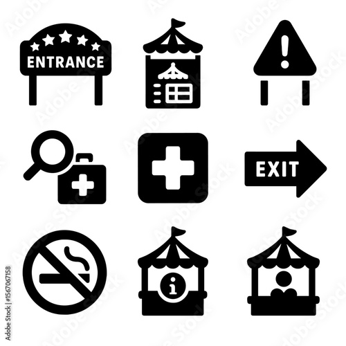 Circus Event Icon Set. Solid, filled icon set of circus event signs: entrance sign, show schedule, safety notice, lost and found,