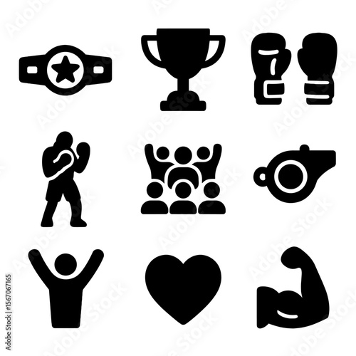 Boxing Icon Set. Solid, filled icon set of Boxing workout motivational elements: championship belt, trophy, gloves raised, fighter