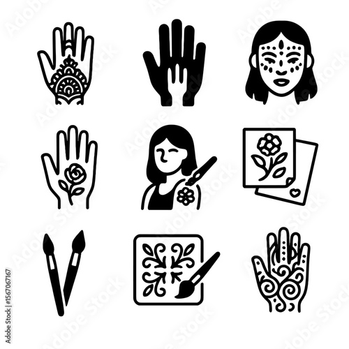 Body Art Icons. Solid, filled icon set of body art and painted hands: henna designs, tribal hand paint, face paint, hand tattoos,