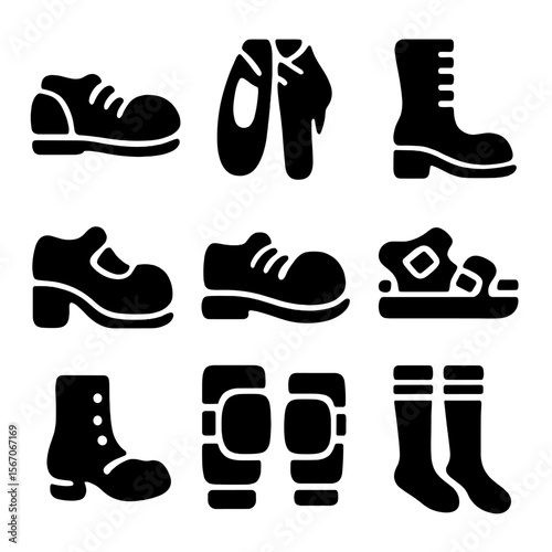 Circus Footwear Icons. Solid, filled icon set of circus footwear: oversized shoes, ballet slippers, boots, platform shoes, clown