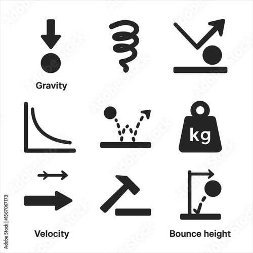 Bouncing Ball Physics Icons. Solid, filled icon set of bouncing ball physics: gravity icon, elasticity symbol, rebound angle,