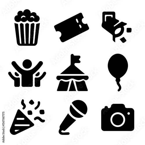 Circus Icons Grid. Solid, filled icon set of circus entertainment: popcorn, ticket, spotlight, cheering crowd, circus tent flag,