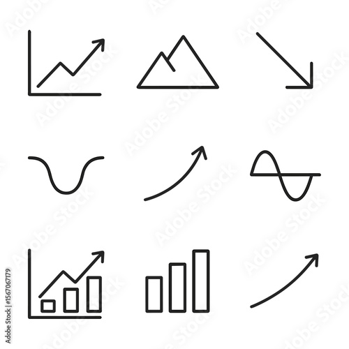 Market Cycle Icons. Outline icon set of market cycle phases: expansion graph, peak mountain icon, contraction arrow, trough valley