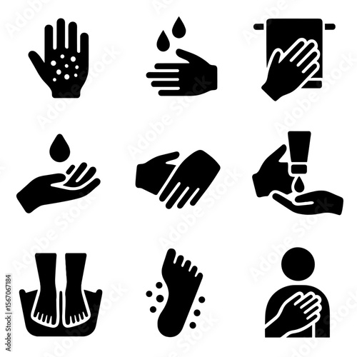 Body Care Icons. Solid, filled icon set of body care steps: scrub hand, rinse water, towel dry, moisturize icon, massage hand,