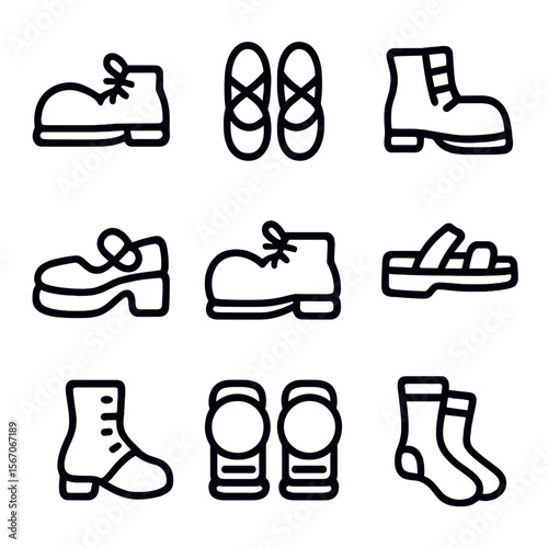 Circus Footwear Icons. Solid, filled icon set of circus footwear: oversized shoes, ballet slippers, boots, platform shoes, clown