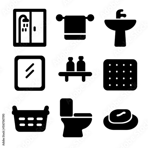 Bathroom Icons Grid. Solid, filled icons set of bathroom space optimization: shower stall, towel rack, sink,