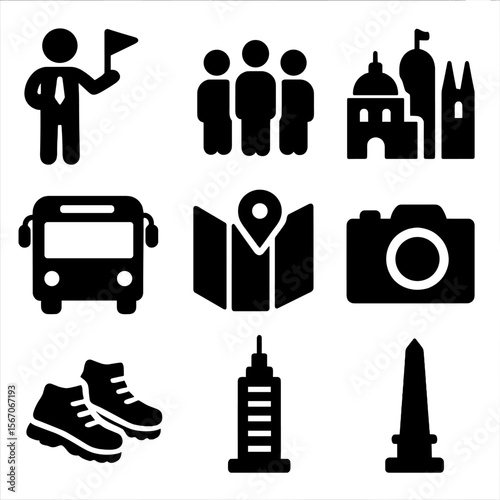 City Tour Icons. Solid, filled icon set of guiding through the city: tour guide, group of tourists, city landmarks, bus, city map,