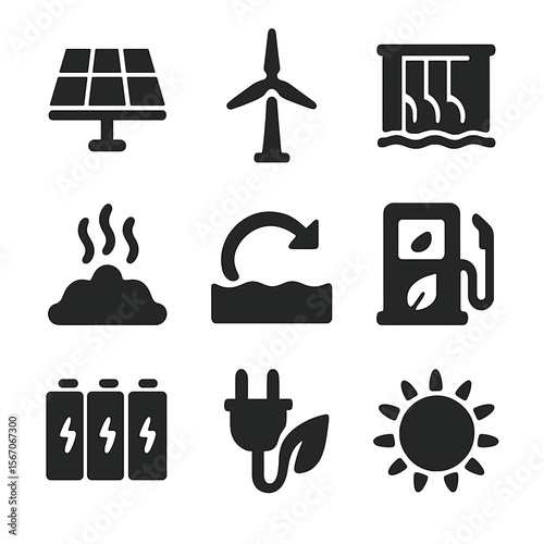 Clean Energy Icons. Solid, filled icon set of clean energy sources: solar panel, wind turbine, hydro dam, geothermal icon, tidal