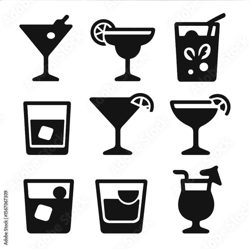 Classic Cocktail Icons. Solid, filled icon set of classic cocktails: martini glass, margarita, mojito, old fashioned, cosmopolitan