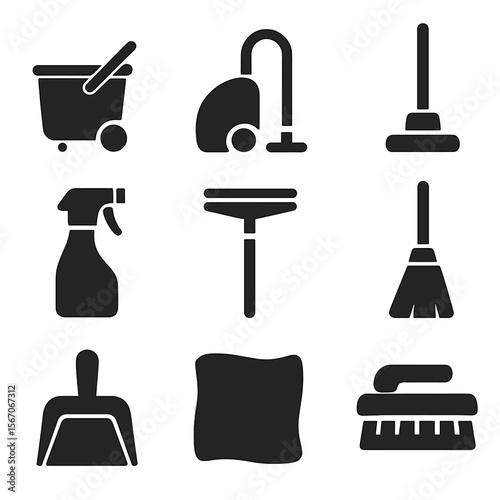 Cleaning Tools Icons. Solid, filled icon set of commercial cleaning tools: mop bucket, vacuum cleaner, floor buffer, spray bottle,
