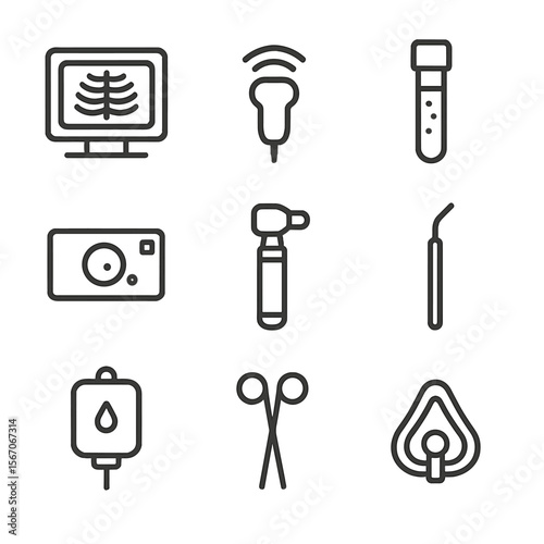 Medical Tools Icons. Outline icon set of diagnostic and treatment tools: X-ray machine, ultrasound probe, blood test vial,