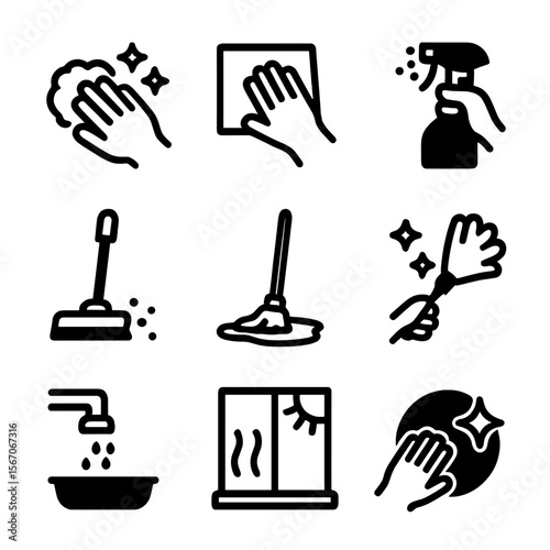 Cleaning Icons Grid. Solid, filled icon set of cleaning process actions: scrubbing, wiping, spraying, vacuuming, mopping, dusting,