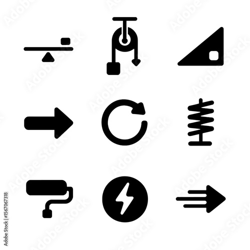 Classical Mechanics Icons. Solid, filled icon set of classical mechanics: lever, pulley, inclined plane, force, torque, spring,