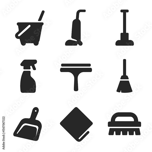 Cleaning Tools Icons. Solid, filled icon set of commercial cleaning tools: mop bucket, vacuum cleaner, floor buffer, spray bottle,