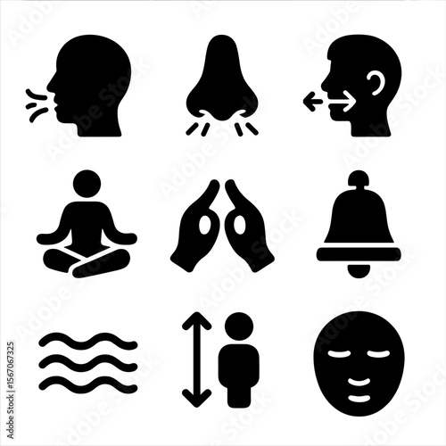 Breathing and Meditation Icons. Solid, filled icon set of breathing and meditation: deep breath icon, nose breathing, pranayama