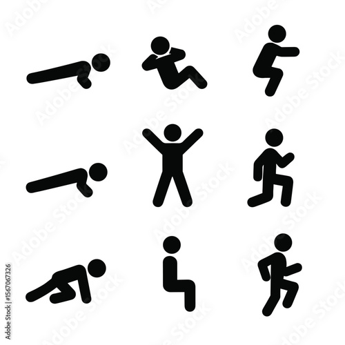 Bodyweight Exercise Icons. Solid, filled icon set of basic bodyweight exercises: push-up, sit-up, squat, plank, jumping jack,