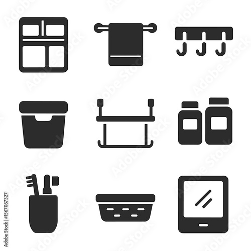 Bathroom Storage Icons. Solid, filled icons set of bathroom storage and organization: drawer organizer, towel
