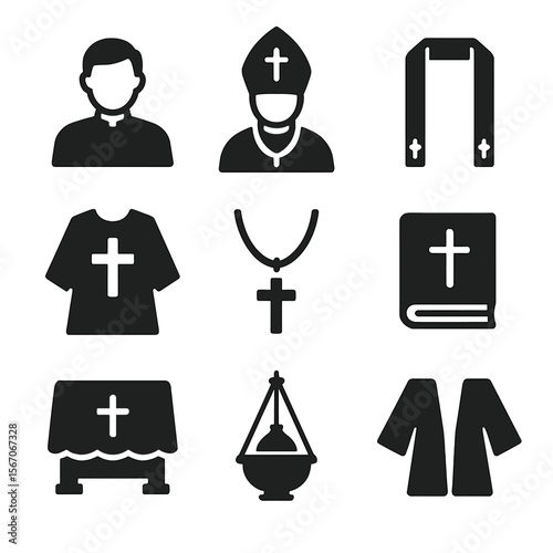 Clergy Icon Set. Solid, filled icon set of clergy in ceremonial robes: priest in robe, bishop mitre, stole scarf, chasuble garment