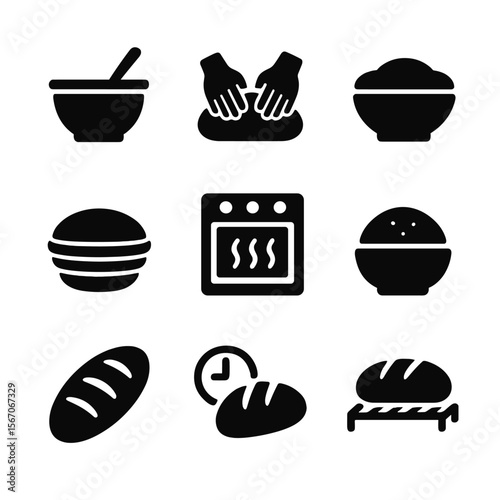 Bread Making Icons. Solid, filled icon set of bread making process: mixing bowl, kneading hands, resting dough, proofing basket,