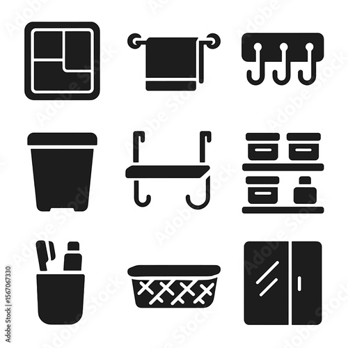 Bathroom Storage Icons. Solid, filled icons set of bathroom storage and organization: drawer organizer, towel