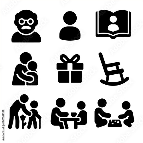 Intergenerational Connection Icons. Solid, filled icon set of intergenerational connection: elderly man, child icon, storytelling