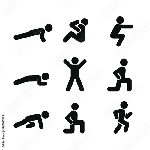 Bodyweight Exercise Icons. Solid, filled icon set of basic bodyweight exercises: push-up, sit-up, squat, plank, jumping jack,